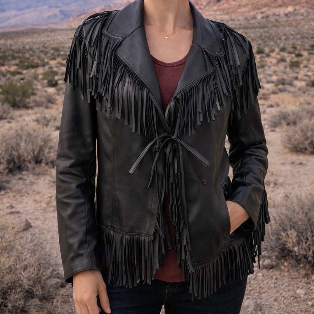 Bella Pelle‎ Black Genuine Leather Fringe Western Tie Front Jacket Womens